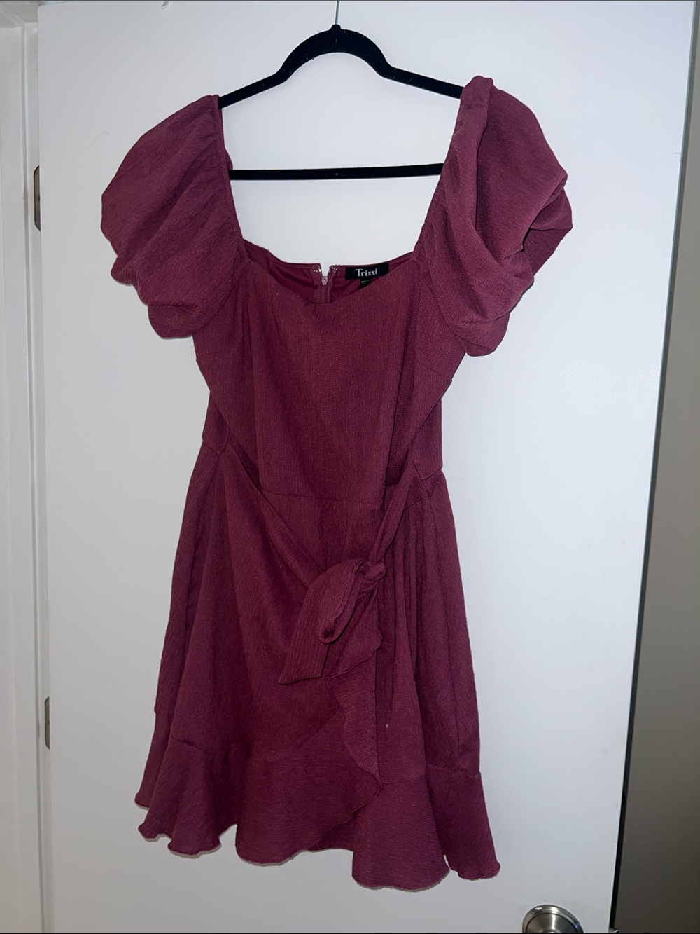 Trixxi Plum Puff-Sleeve Tie-Waist Mini Dress